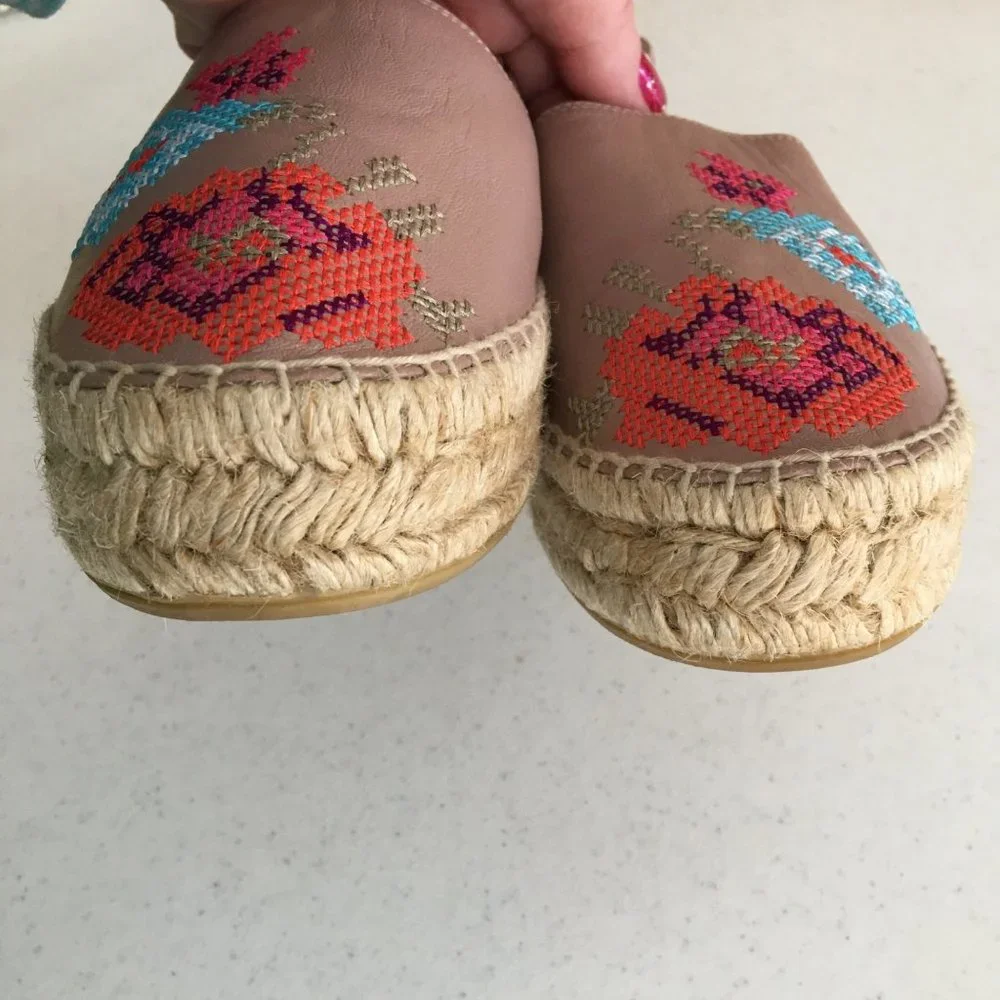 Taupe Cross Stitch Embroidered Espadrille Platform Slip On Shoes Donald J Pliner